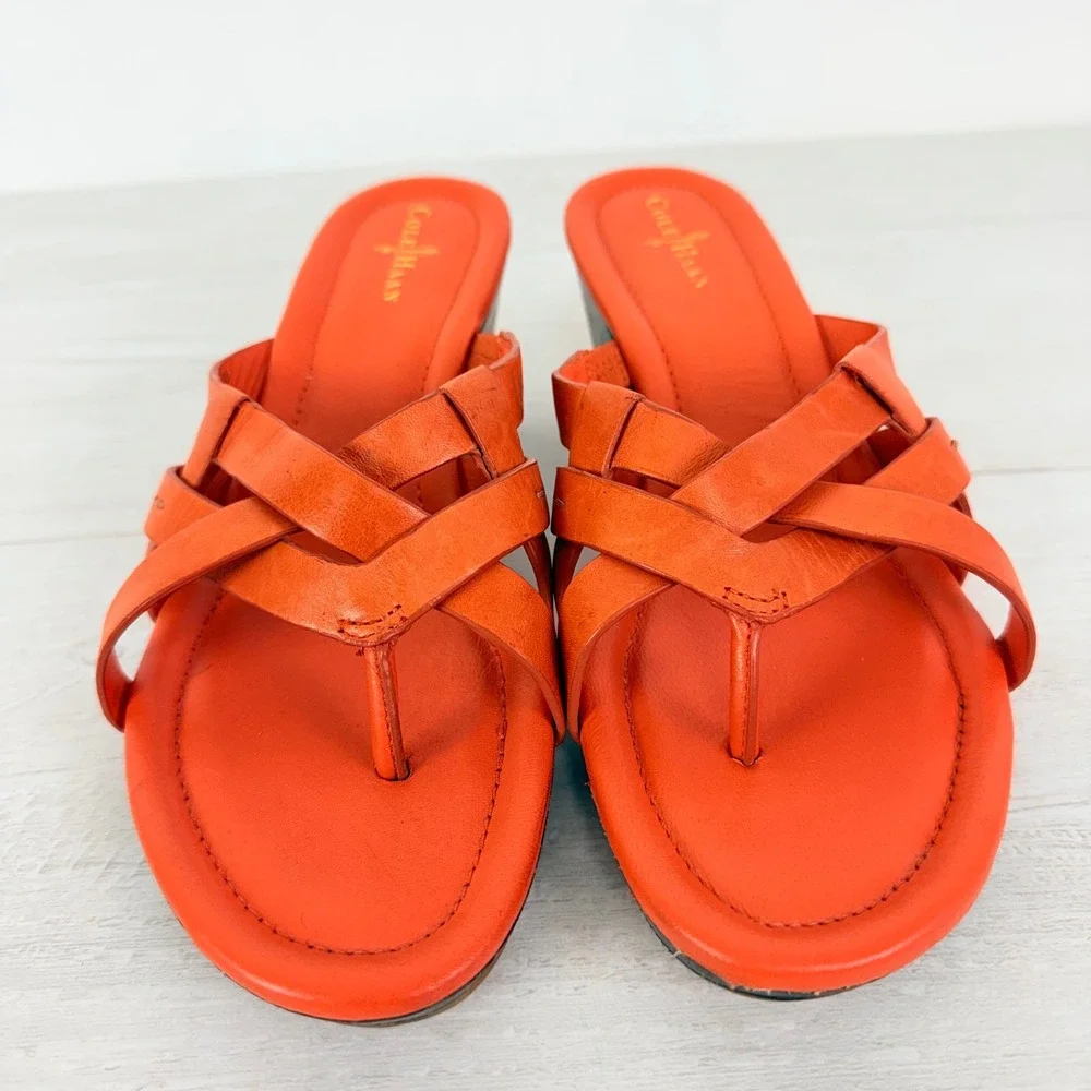 Cole Haan Wedge Sandals Size 7.5 B Orange Nike Air Strappy Leather Summer Bonnie